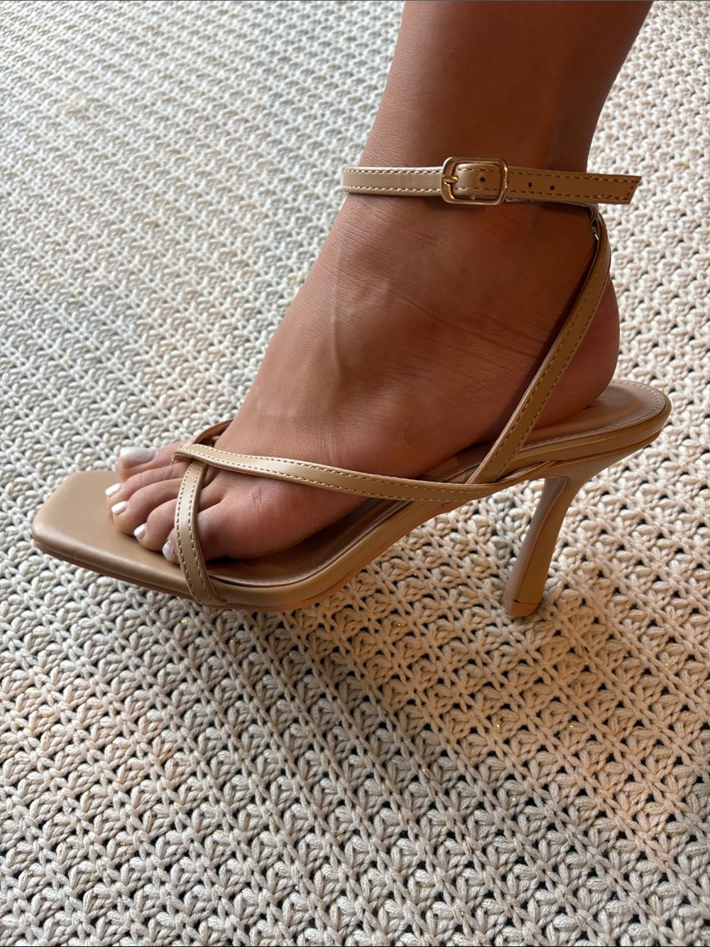 Strappy Beige Ankle-Strap Stiletto Heels